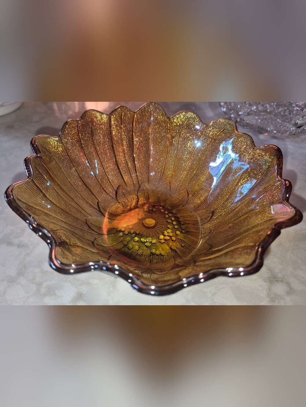 Indiana Glass Iridescent Amber Marigold Carnival Glass Scalloped Flower Bowl